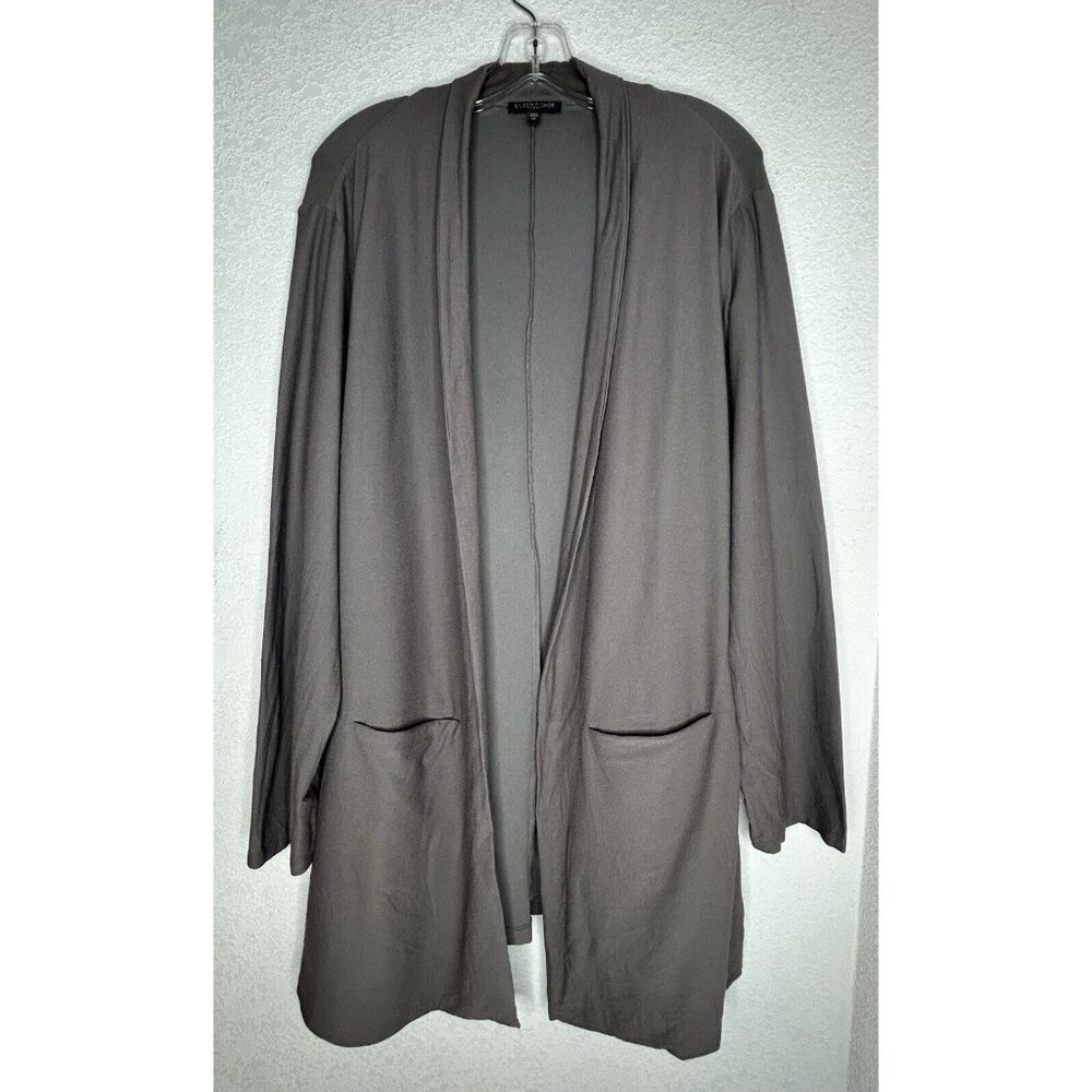 Eileen Fisher Woman 2X Cardigan Jacket Crepe Taupe Open Front Classic Pockets